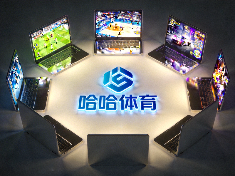 哈哈体育平台展示图 - 多台显示体育赛事和娱乐游戏的电子设备环绕着中央的哈哈体育标志